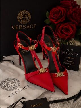 Versace Red Leather T-Strap Stiletto Heels with Gold Medusa